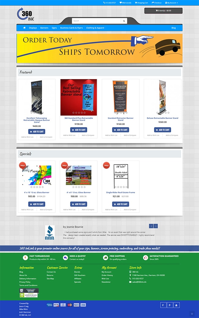 Full page view of the Home page of the 360Ink ecommerce store.