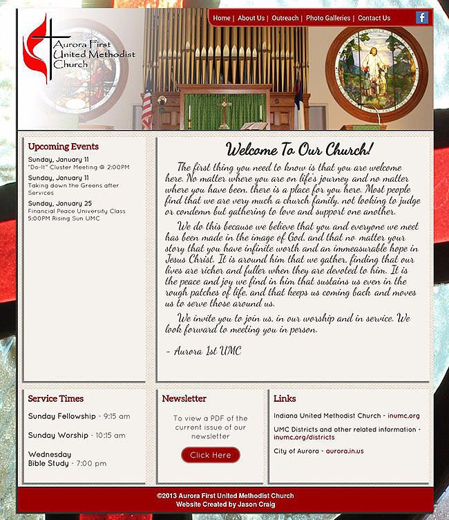 Full-page view of the Home page of the Aurora First United Methodist Church website.