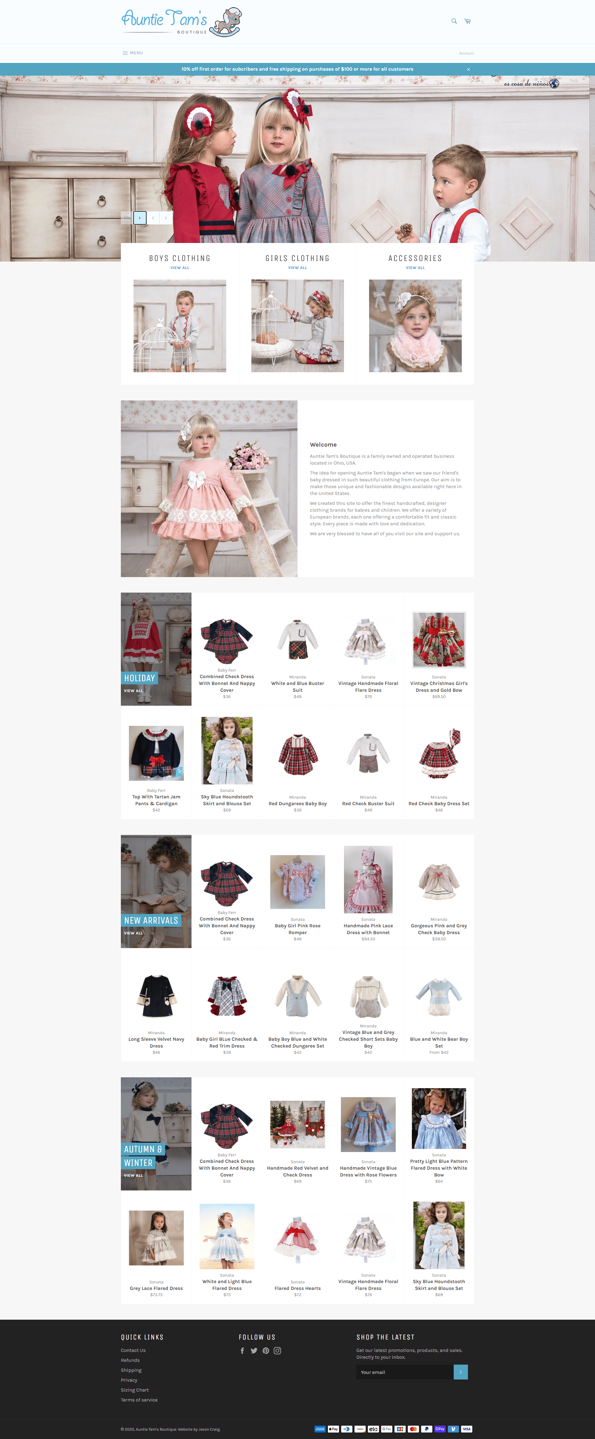 Auntie Tam's Boutique website homepage layout.