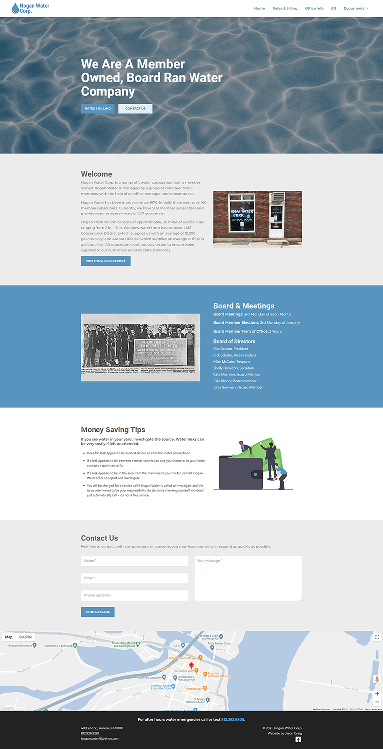 Hogan Water Corp. website layout.
