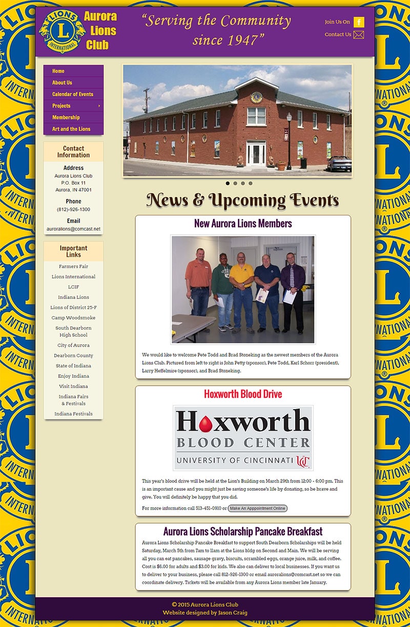 Full-page view of the Aurora Lions Club website.