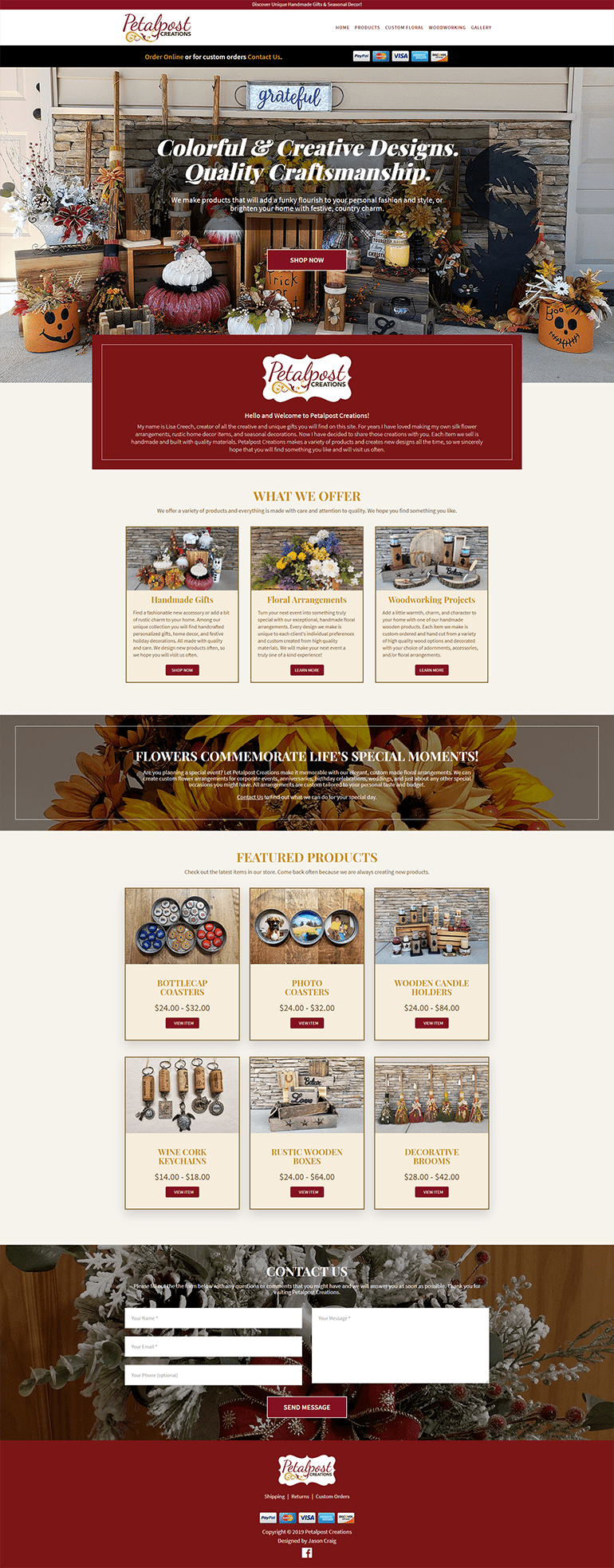Petalpost Creations website homepage layout.