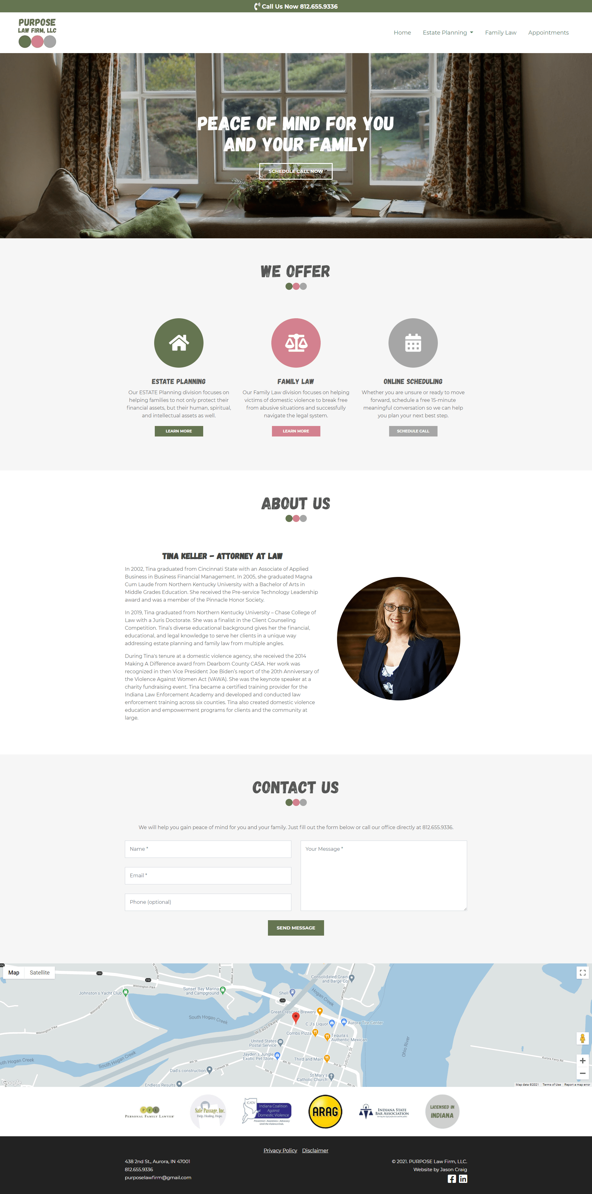 Purpose Law Firm's website homepage layout.