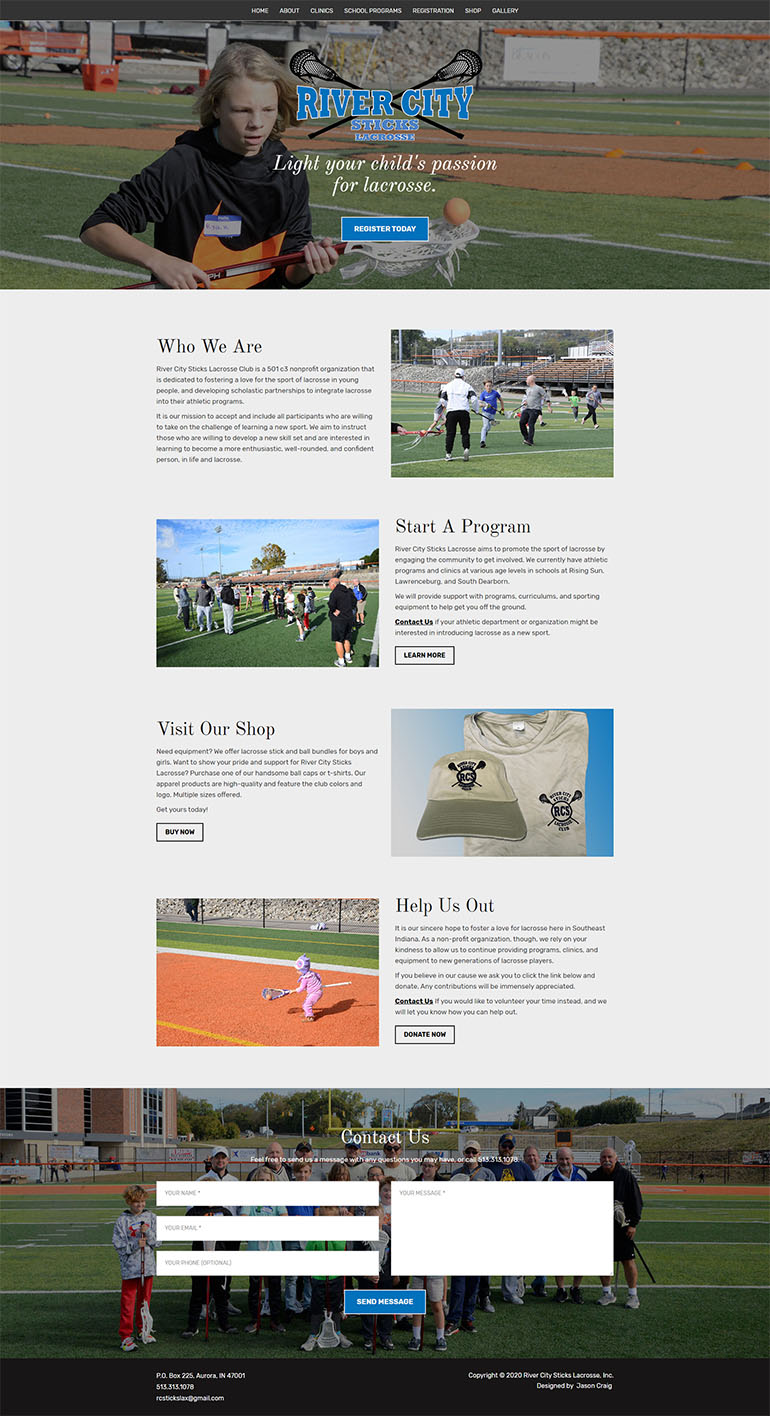 River City Sticks Lacrosse website homepage layout.