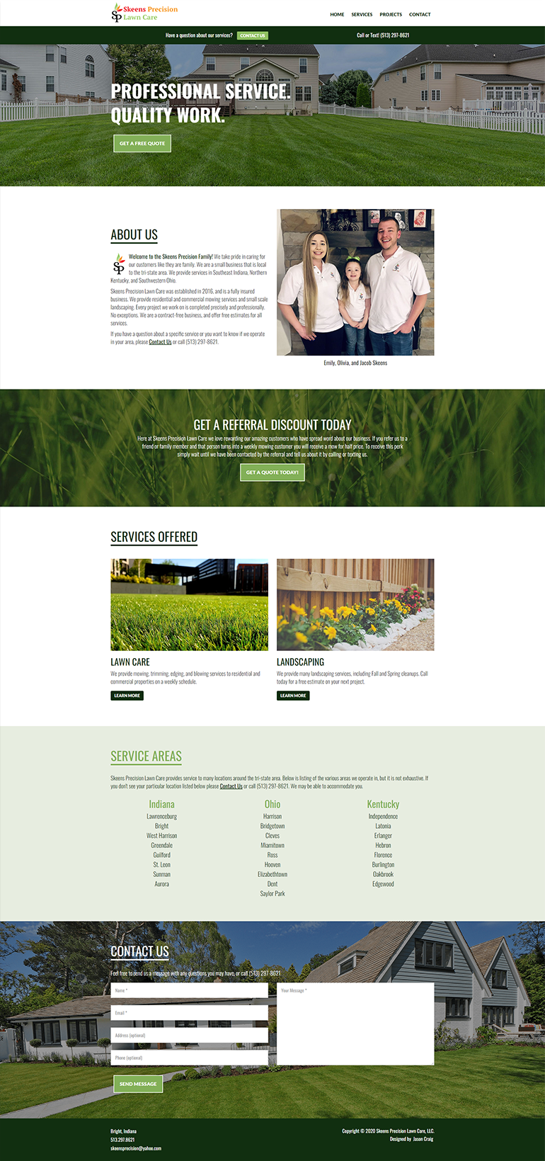 Skeens Precision Lawn Care website homepage layout.